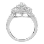 Bids.com .925 Sterling Silver 1.0 Cttw Round & Baguette-Cut Diamond Marquise-Shaped Cluster Triple Stepped Halo Cocktail Fashion Ring (I-J Color, I2-I3 Clarity) - Size 7 Rings