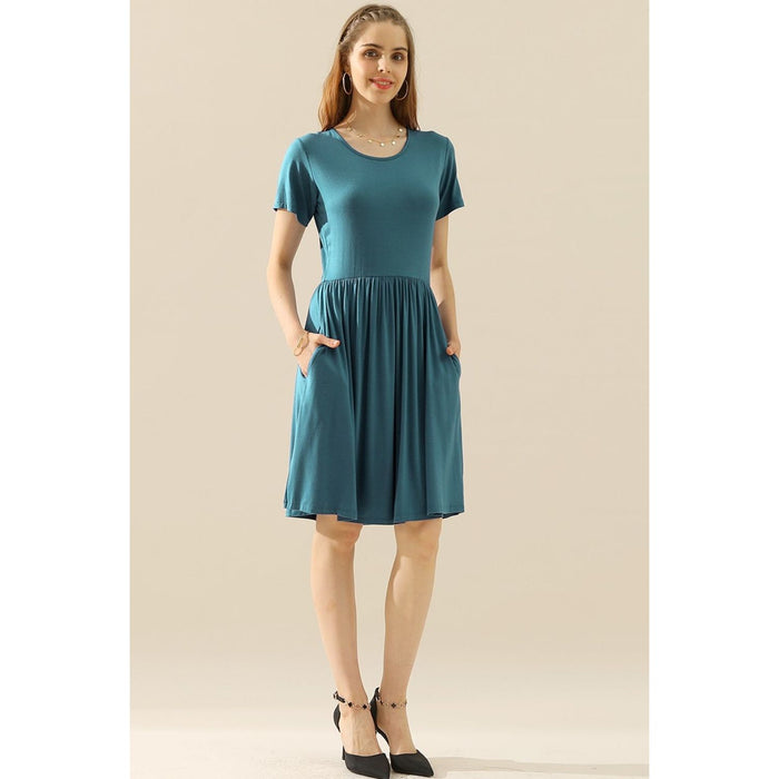 Ninexis Round Neck Ruched Dress with Pockets