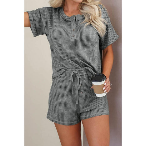 Waffle-Knit Short Sleeve Top and Shorts Lounge Set