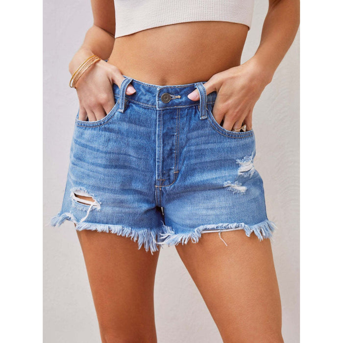 Distressed Raw Hem Denim Shorts