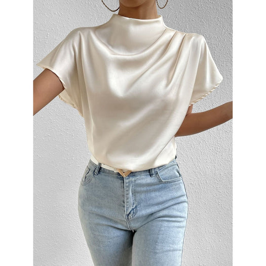 Ruched Mock Neck Short Sleeve Blouse