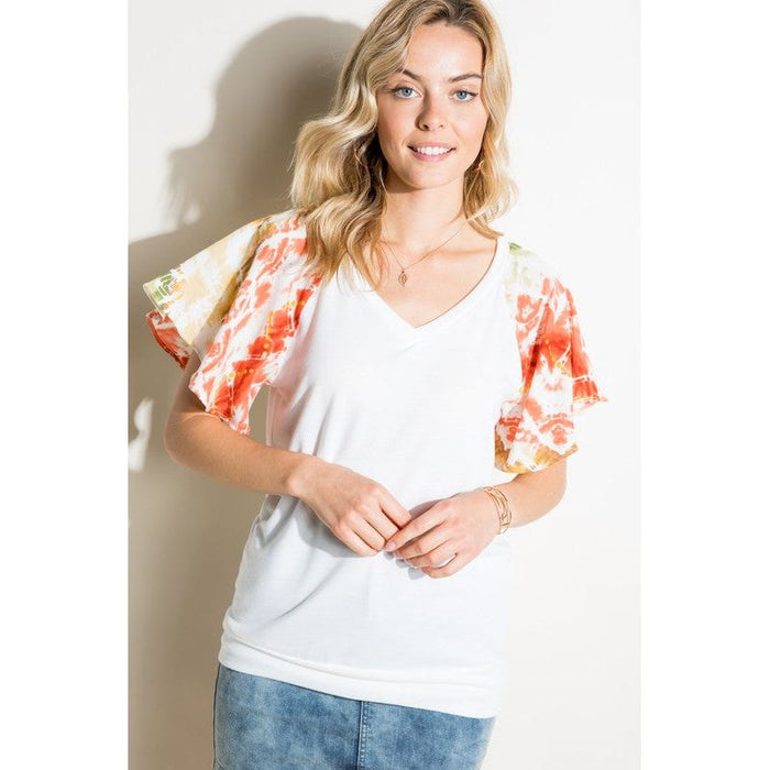 V NECK SHORT FLAIR SLEEVE TOP