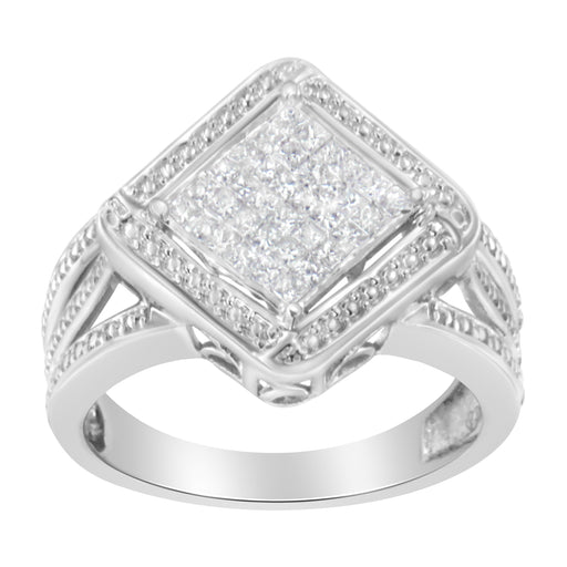Bids.com .925 Sterling Silver 2/5 Cttw Princess Cut Diamond Square On Point Cluster Composite Cocktail Ring (H-I Color, SI1-SI2 Clarity) - Size 6 Rings