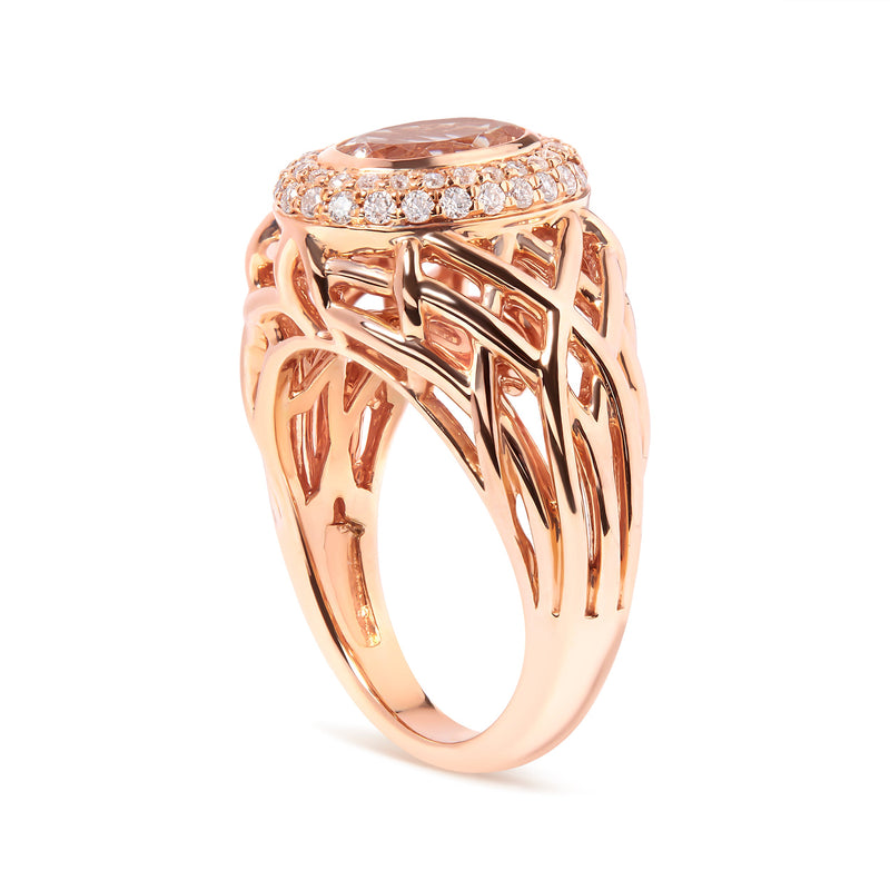 Bids.com 14K Rose Gold Oval Cut Light Pink Morganite and 3/8 Cttw Diamonds Halo and Basket Weave Cocktail Ring (G-H Color, SI1-SI2 Clarity) - Size 7 Rings