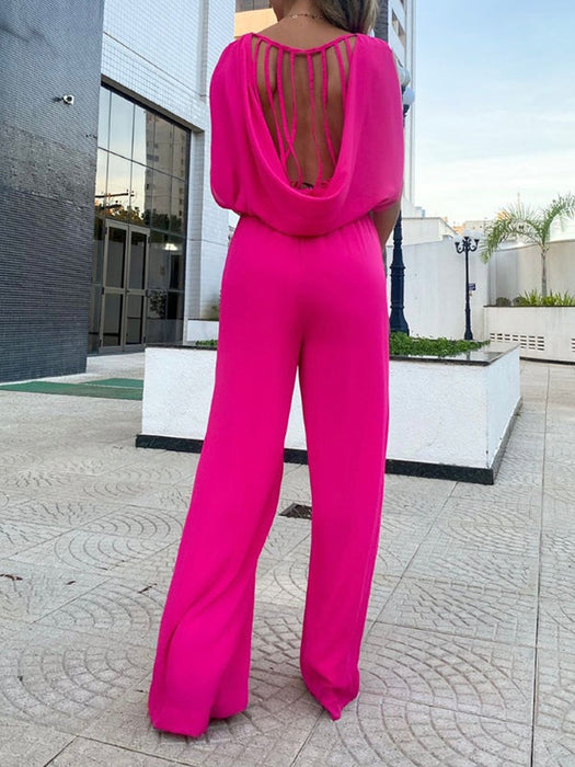 High-Low Wide Leg Backless Hollow Solid Color Round-Neck Jumpsuits Bottoms by migunica