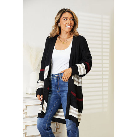 Double Take Striped Rib-Knit Drop Shoulder Open Front Cardigan