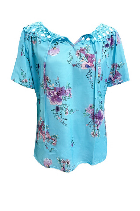 Printed Tie Neck Short Sleeve Blouse