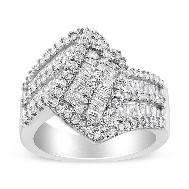 Bids.com 14K White Gold 1-1/2 Cttw Round and Baguette Diamond Bypass Cocktail Ring Band (H-I Color, SI1-SI2 Clarity) - Size 7 Rings