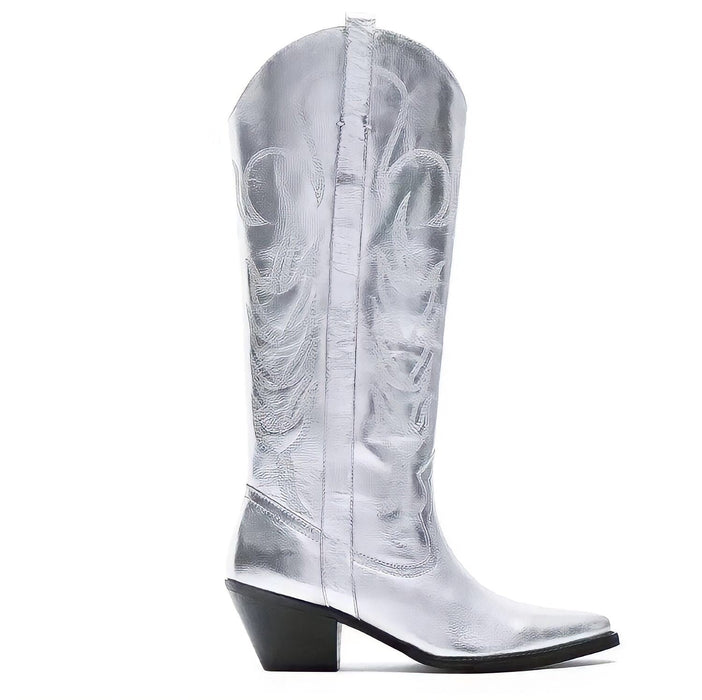 Silver Cowboy Boots Mid Calf Metallic Embroidered Western Style