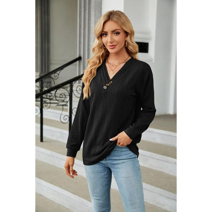 Decorative Button V-Neck Long Sleeve T-Shirt