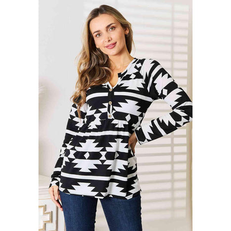 Heimish Geometric Notched Neck Long Sleeve Top