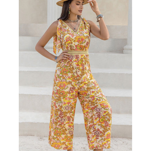 Printed V-Neck Tie Shoulder Jumpsuit