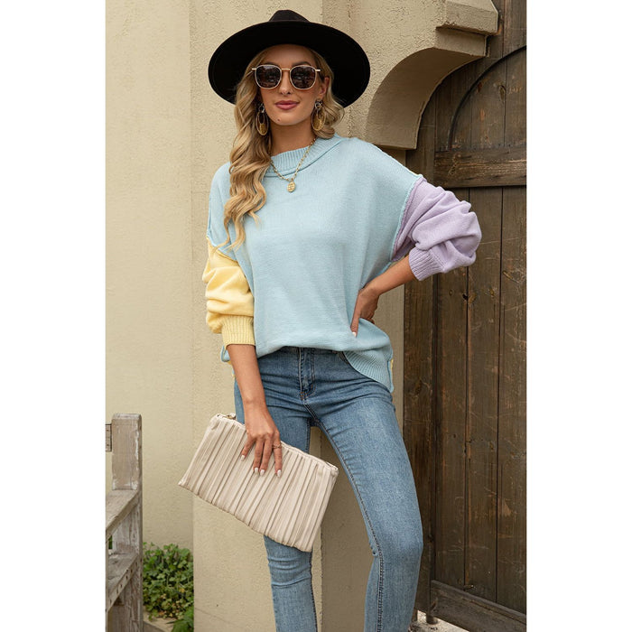 Color Block Round Neck Dropped Shoulder Sweater