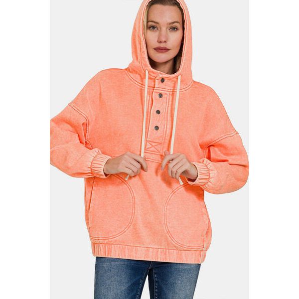 Zenana Drawstring Half Snap Dropped Shoulder Hoodie