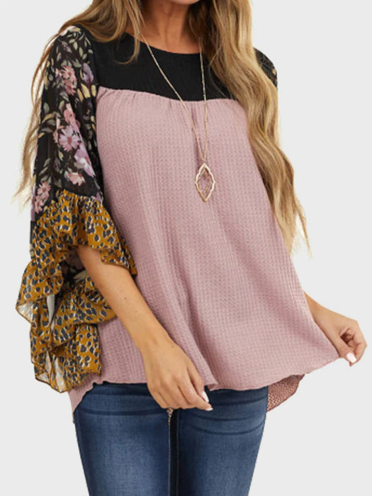 Printed Round Neck Three-Quarter Sleeve Blouse