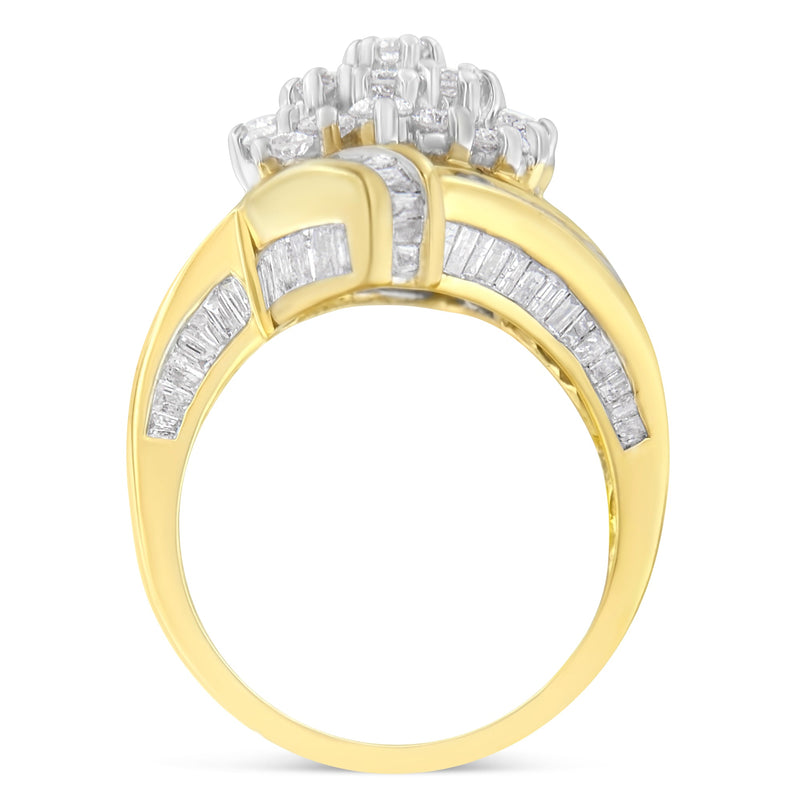 Bids.com 10K Yellow Gold Round and Baguette Diamond Crossover Cluster Ring (3 Cttw, I-J Color, I1-I2 Clarity) - Size 7-1/2 Rings