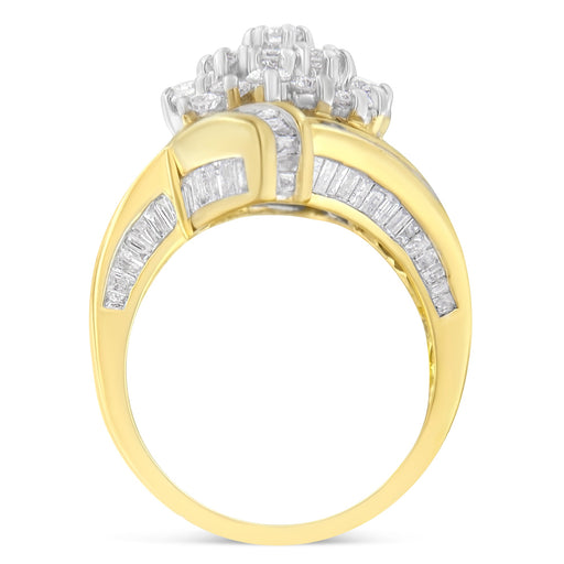 Bids.com 10K Yellow Gold Round and Baguette Diamond Crossover Cluster Ring (3 Cttw, I-J Color, I1-I2 Clarity) - Size 7-1/2 Rings