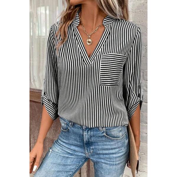 Striped Notched Roll-Tab Sleeve Shirt