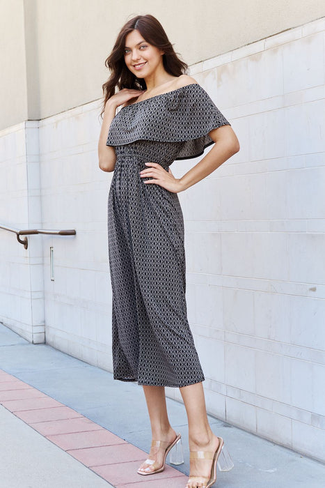 E Luna My Best Angle Geometric Pattern Off The Shoulder Midi Dress in Black