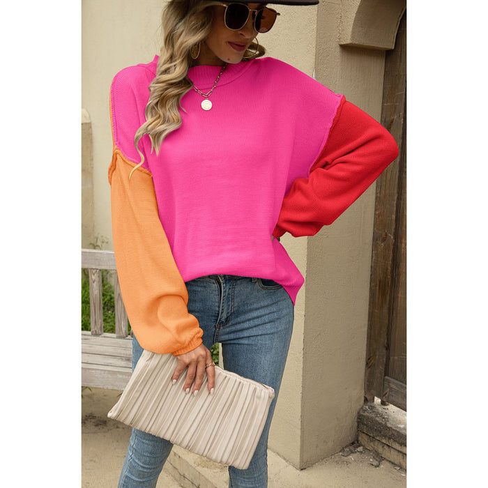 Color Block Round Neck Dropped Shoulder Sweater