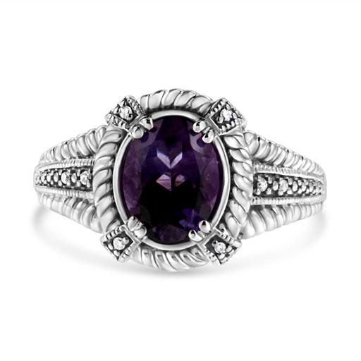 Bids.com .925 Sterling Silver Prong Set Natural Oval Shape 9X7 MM Purple Amethyst Solitaire and Diamond Accent Ring (I-J Color, I1-I2 Clarity) - Ring Size 7 Rings