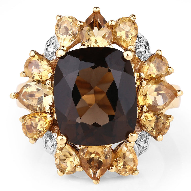 Bids.com 14K Yellow Gold Plated 7.10 Carat Genuine Smoky Quartz, Citrine & White Topaz Brass Ring Rings