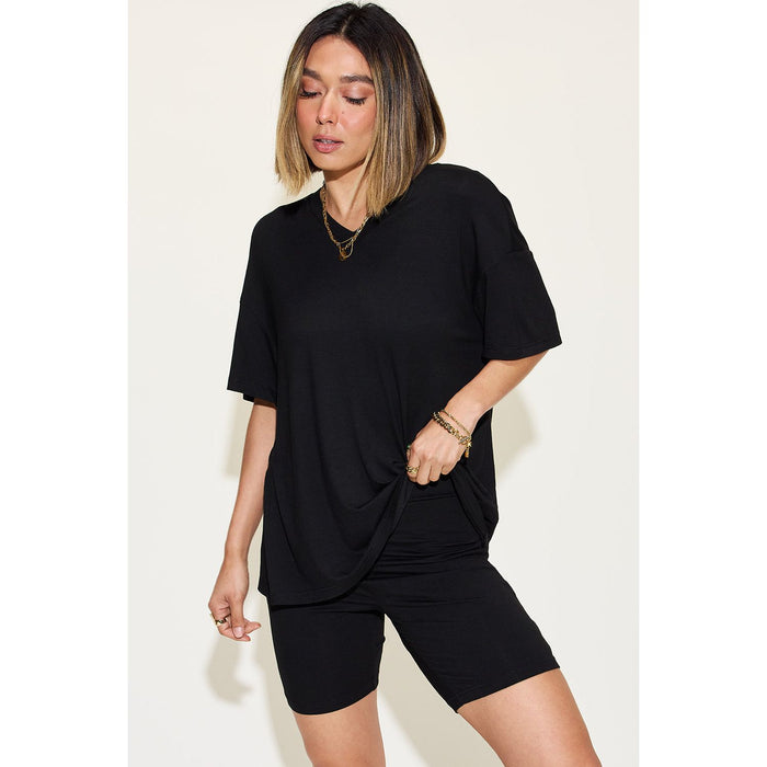 V-Neck Drop Shoulder Short Sleeve T-Shirt and Shorts Set