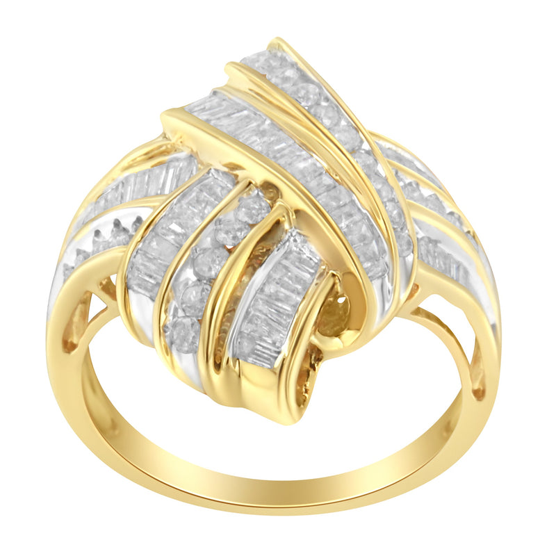 Bids.com 10K Yellow Gold Plated .925 Sterling Silver 1.0 Cttw Round & Baguette Diamond Knot Channel Statement Ring (I-J Color, I2-I3 Clarity) - Size 6 Rings