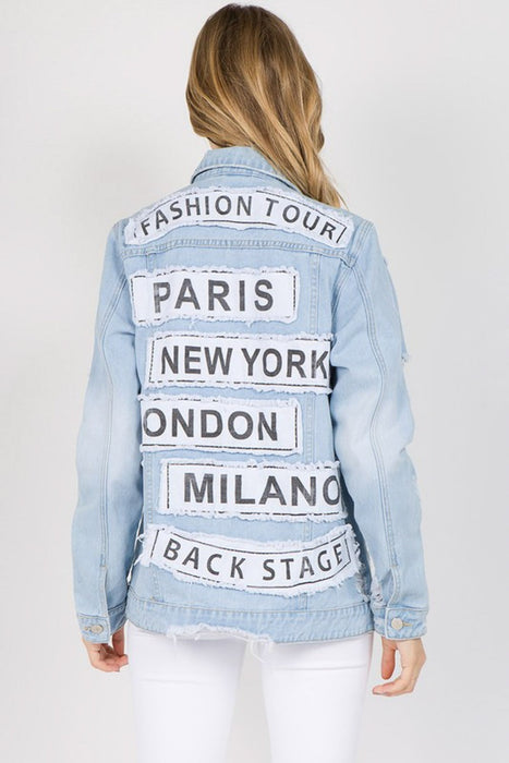 Letter Patched Distressed Denim Jacket in Light Blue