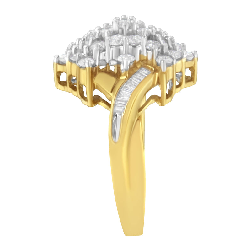 Bids.com 10K Yellow Gold Round And Baguette Cut Diamond Cluster Ring (1 1/10 Cttw, H-I Color, SI2-I1 Clarity) - Size 7 Rings