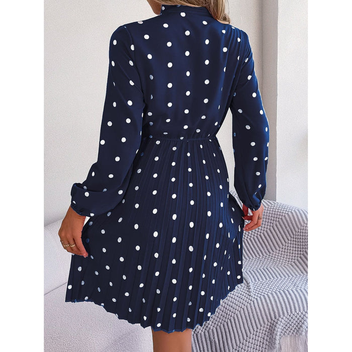 Polka Dot Tie Neck Pleated Dress