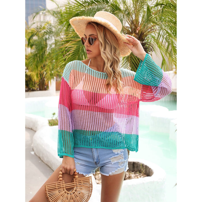 Color Block Openwork Boat Neck Cover Up