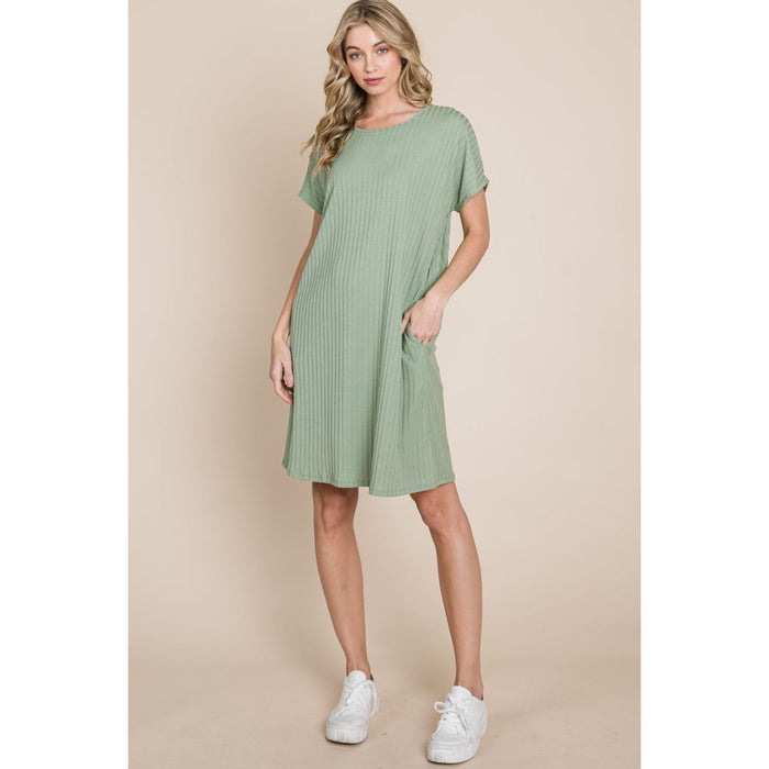 Ribbed Round Neck Short Sleeve Dress in Sage