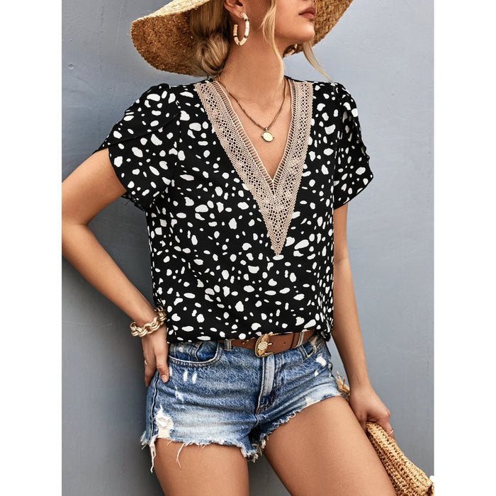 Animal Print V-Neck Petal Sleeve Blouse