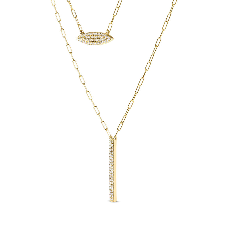 Bids.com 14K Yellow Gold 3/8 Cttw Two-Strand Marquise and Bar Charm Paper Clip Link Pendant Necklace  (I-J Color, I1-I2 Clarity) -18" and 20" Inch Lengths Necklaces