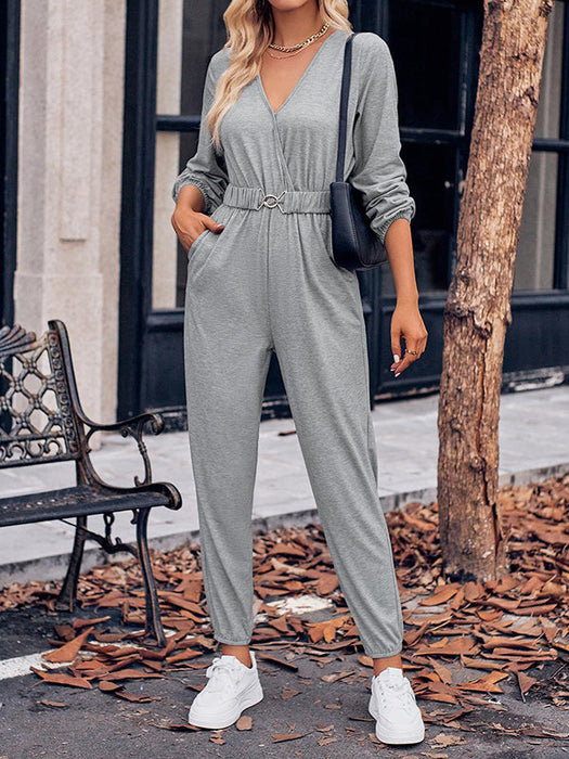 Long Sleeves Belted Elasticity V-Neck Jumpsuits by migunica