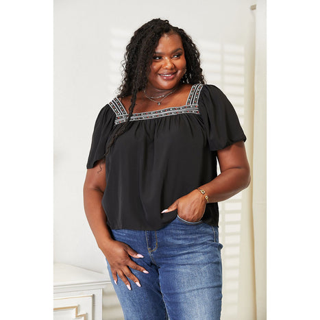 Double Take Contrast Square Neck Puff Sleeve Blouse