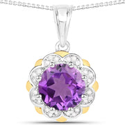 Bids.com 1.87 Carat Genuine Amethyst and White Diamond 14K Yellow Gold with .925 Sterling Silver Pendant Pendants