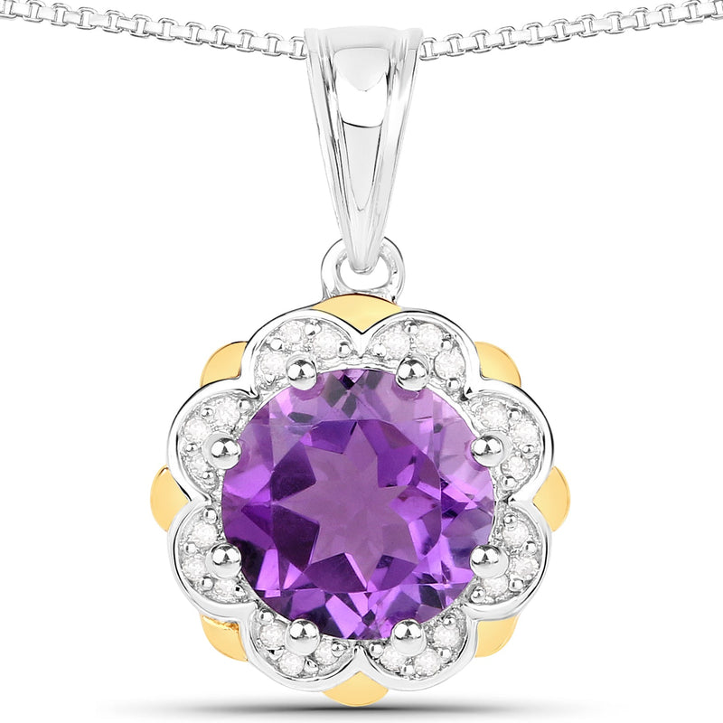 Bids.com 1.87 Carat Genuine Amethyst and White Diamond 14K Yellow Gold with .925 Sterling Silver Pendant Pendants