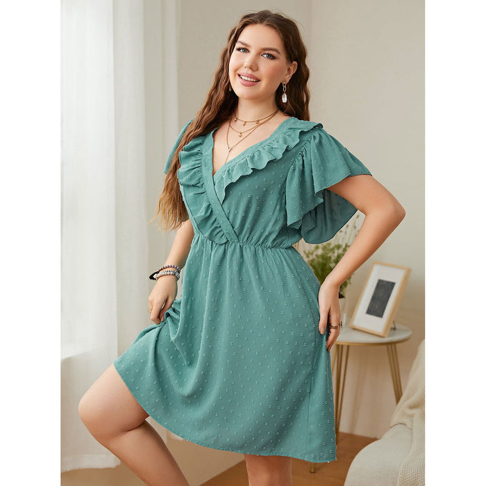 Plus Size Swiss Dot Ruffled Surplice Flutter Sleeve Mini Dress