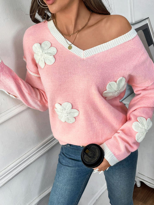 Flower V-Neck Long Sleeve Sweater