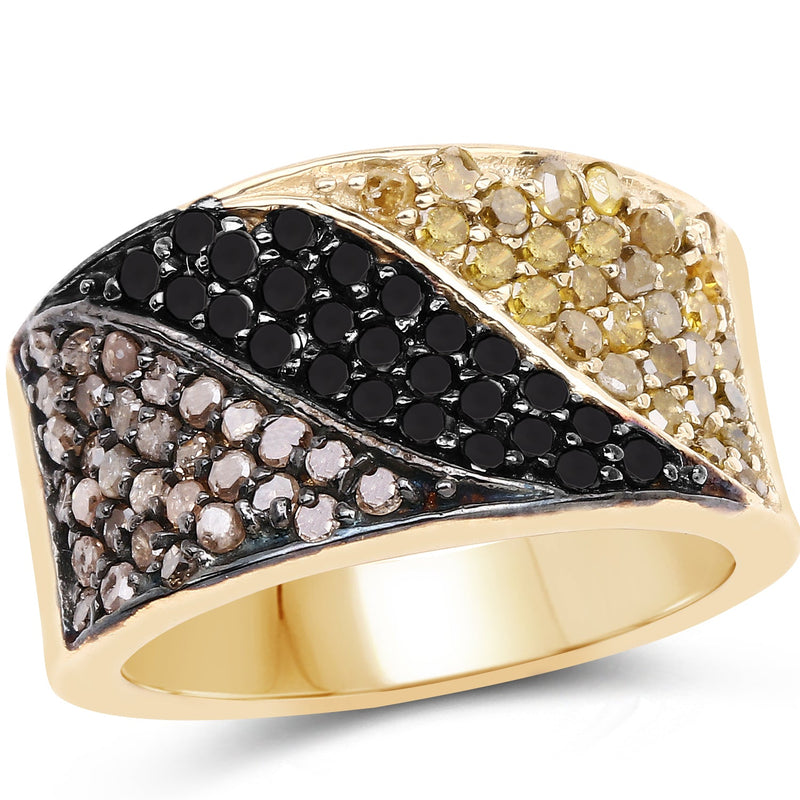 Bids.com 14K Yellow Gold Plated 1.25 Carat Genuine Black Diamond, Champagne Diamond & Yellow Diamond .925 Sterling Silver Ring Rings