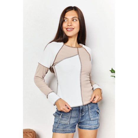 Double Take Color Block Exposed Seam Top