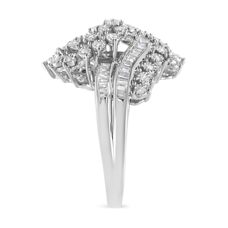 Bids.com 10K White Gold 1/2 Cttw Round and Baguette-Cut "S" Shaped Bypass Cocktail Ring (I-J Color, I1-I2 Clarity) - Size 7 Rings