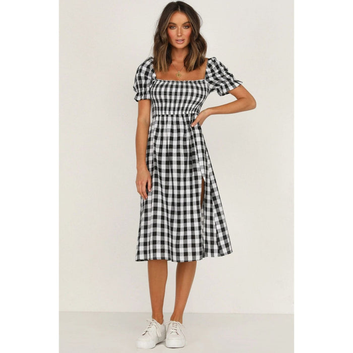 Full Size Slit Plaid Short Sleeve Midi Dress