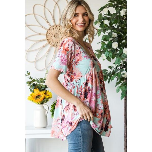 Heimish Floral V-Neck Short Sleeve Babydoll Blouse