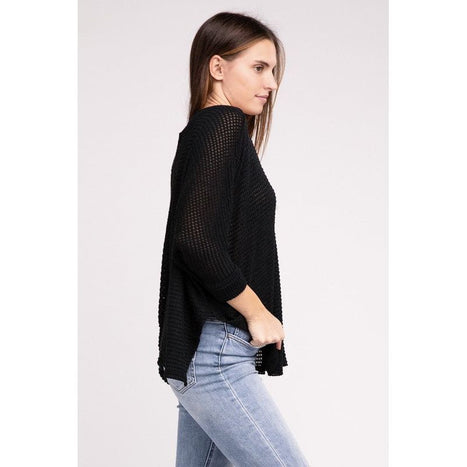 3/4 Sleeve V-Neck Hi-Low Hem Jacquard Sweater