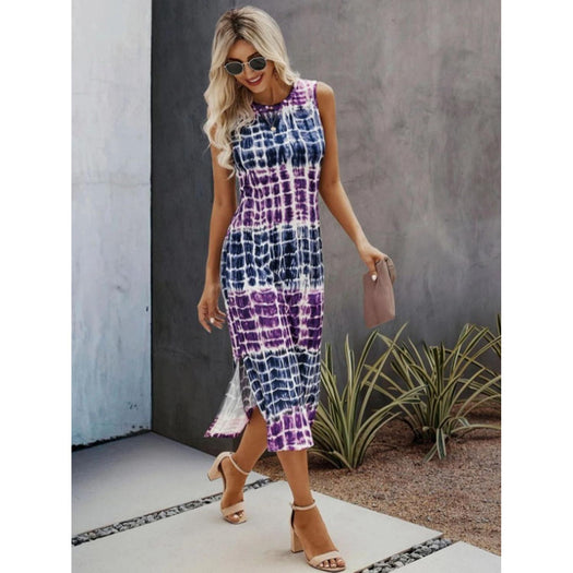 Slit Printed Round Neck Sleeveless Dress