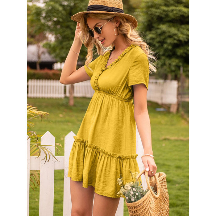 Frill V-Neck Short Sleeve Ruffle Hem Dress