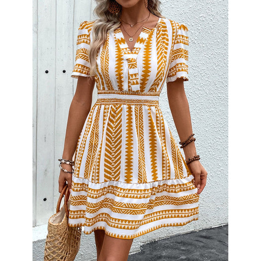 Geometric Notched Short Sleeve Mini Dress